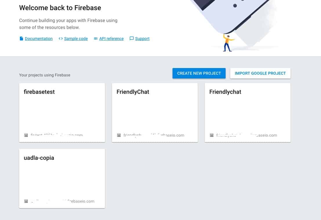 Pantalla inicio consola Firebase.