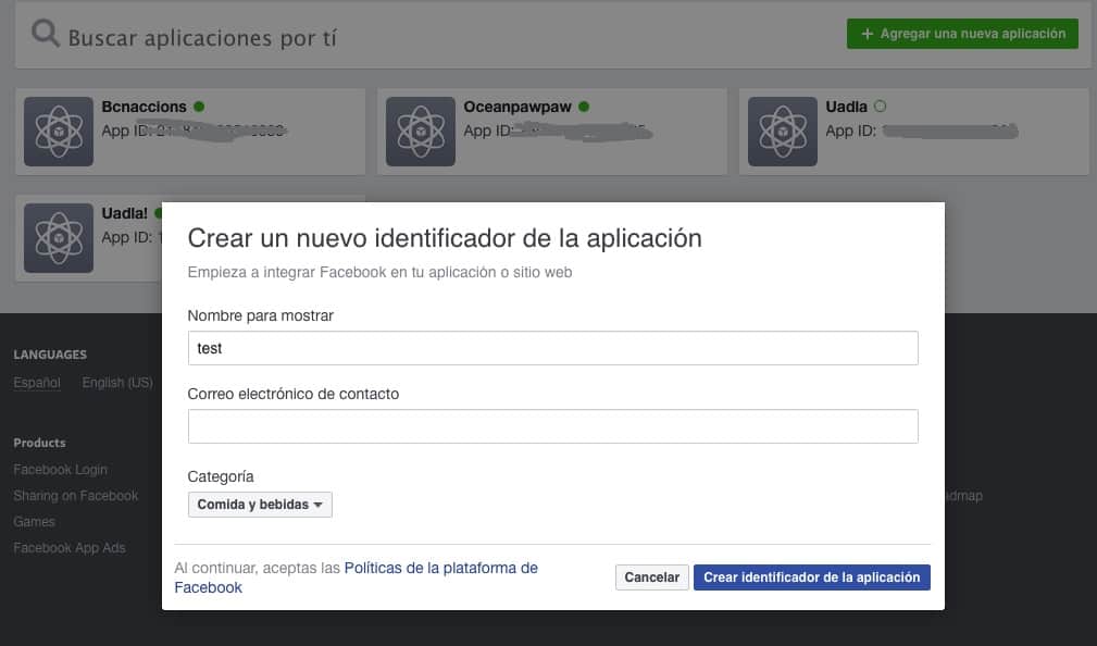 PAso 1 creación de App Facebook