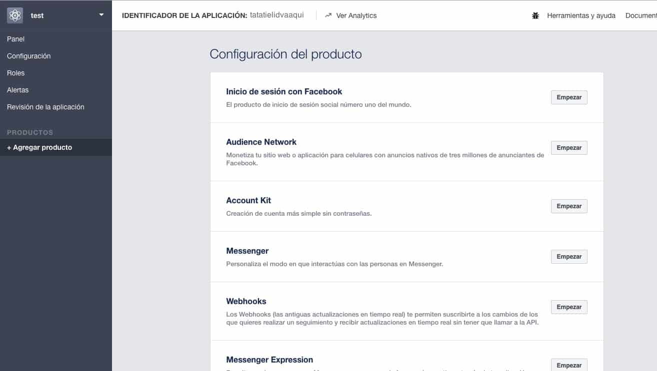 Configurando una aplicación de Facebook