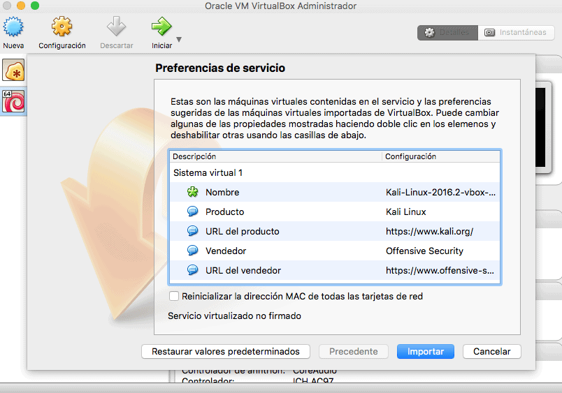 Cuadro de dialogo de configuración de Kali Linux en Virtual Box