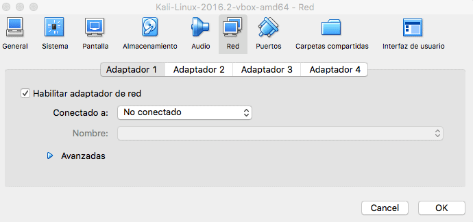 opciones de red de Kali en Virtual Box