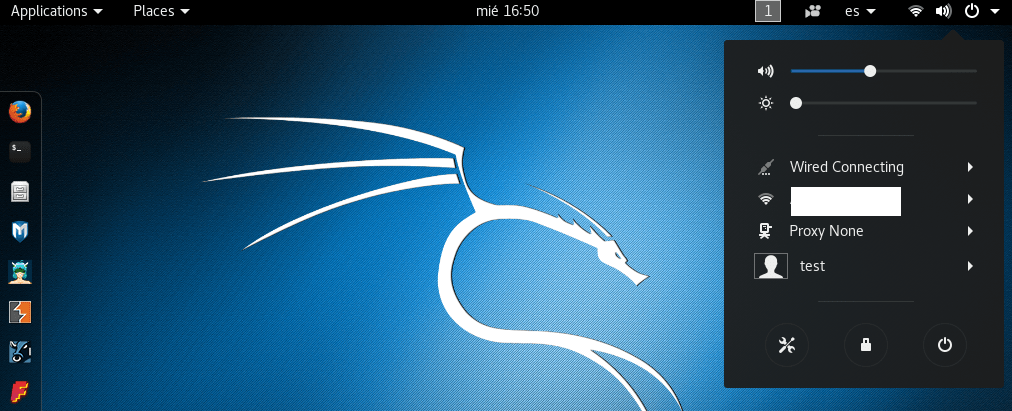 Menu de opciones de Kali Linux
