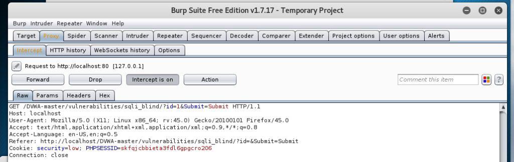 Datos de la llamada a DVWA en BURPSuite