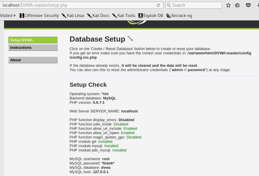 Pantalla de configuracion de DVWA