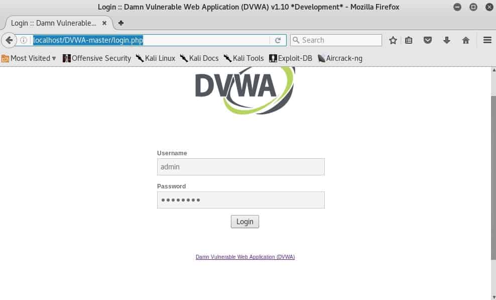 Pantalla de login de DVWA