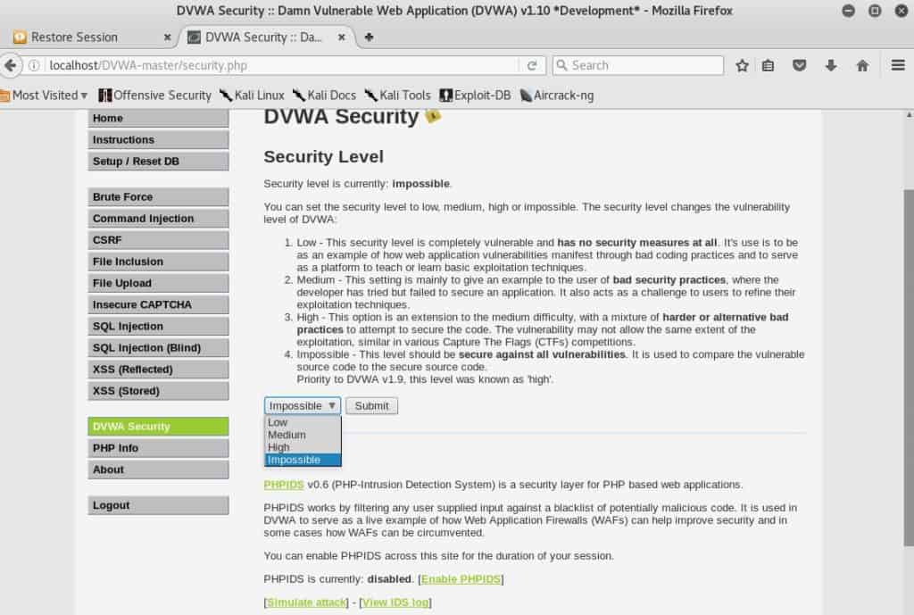 Pantalla donde se define la seguridad con la que trabajará DVWA