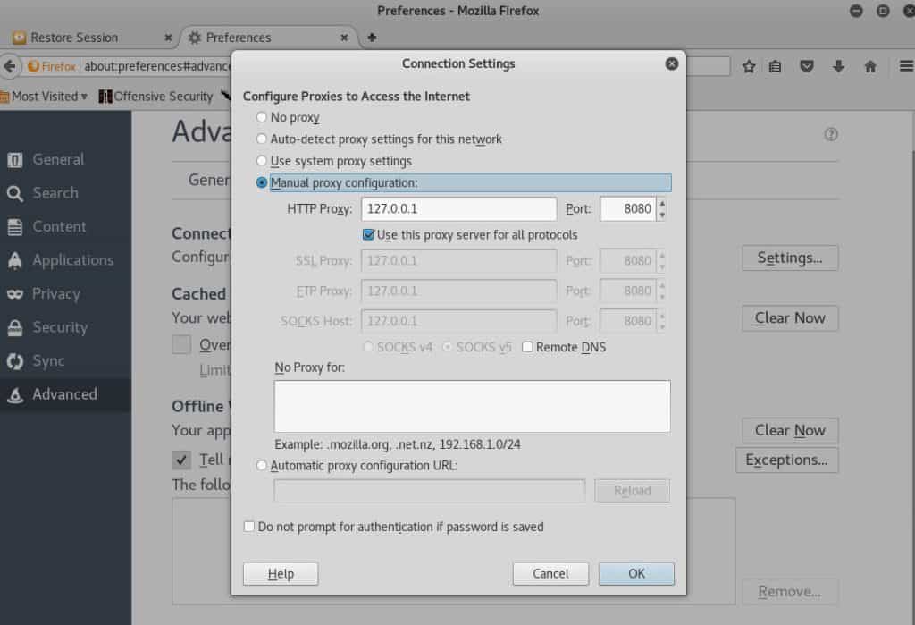 Configuración que dejamos en el proxy de nuestro navegador