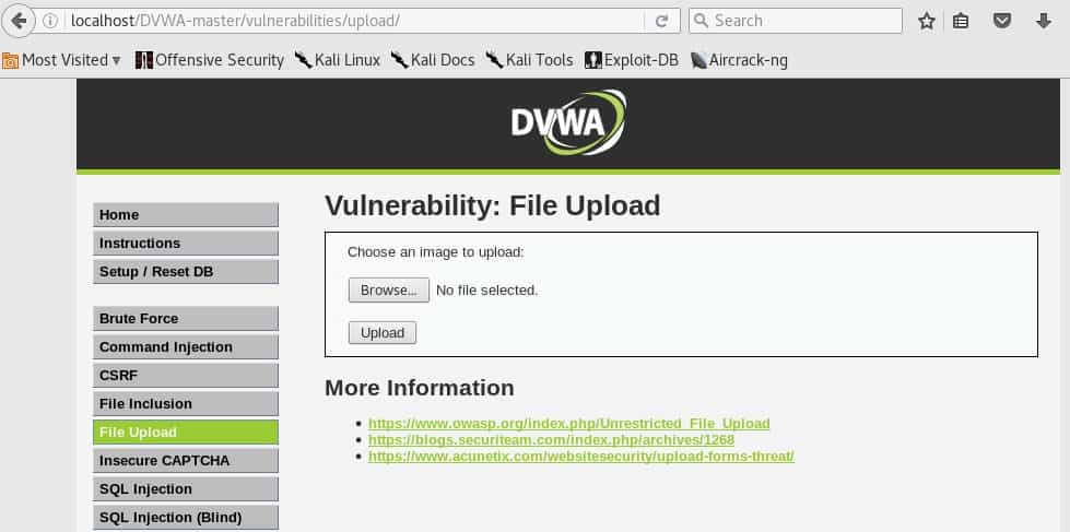 Cuadro de dialogo Upload Images en DVWA