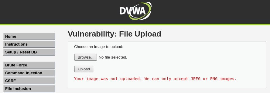 Error que presenta DVWA cuando subimos un fichero que no es una imagen.