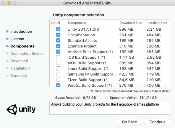 Lista de los componentes que se pueden instalar de Unity.