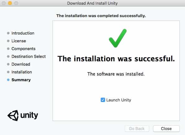 Instalación de Unity finalizada. 