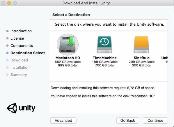 Selección de disco destino para Unity