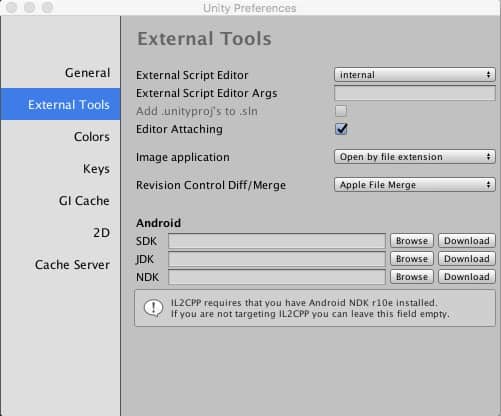 La ventana para configurar las External Tools de Unity.