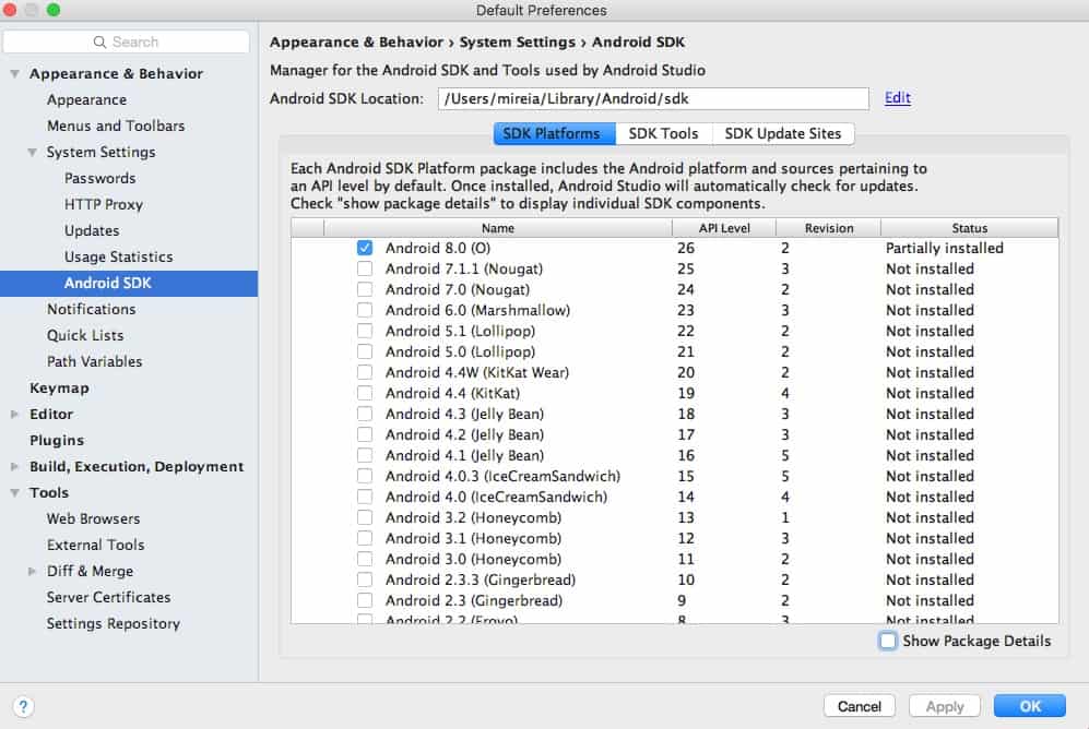 El SDK Manager nos muestra todos los SDK's disponibles.