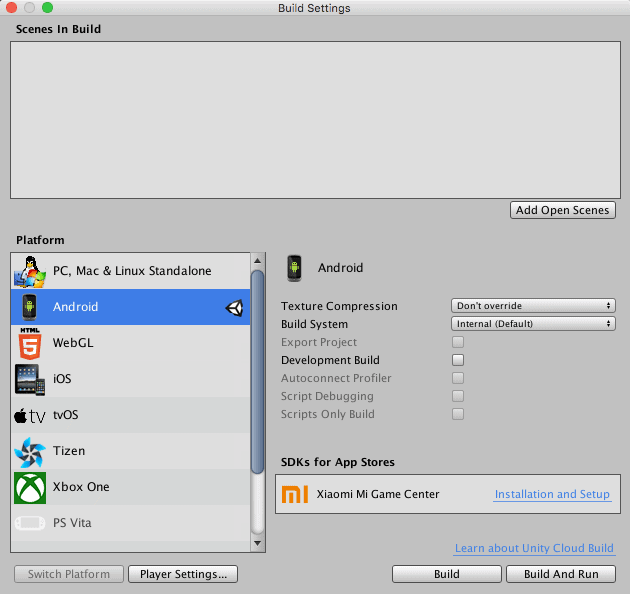 Cuadro de dialogo de Build Settings de Unity.